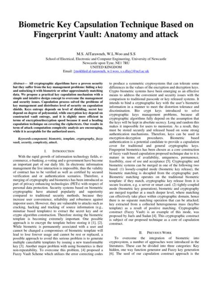 Biometric key capsulation technique based on fingerprint vault: Anatomy and attack - ePrints