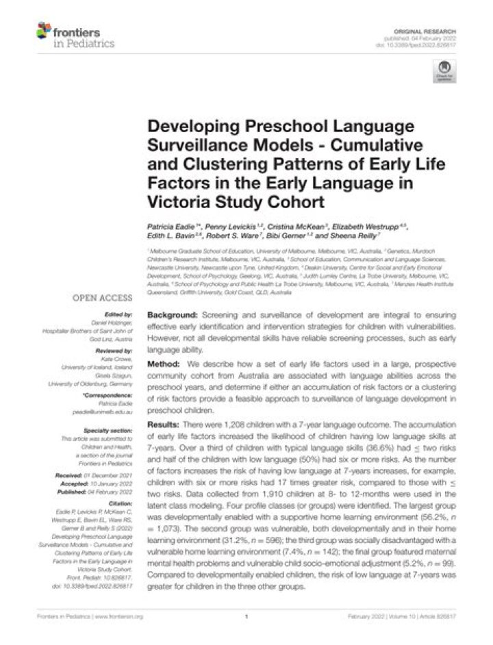 Developing Preschool Language Surveillance Models - Cumulative and Clustering Patterns of Early Life Factors in The Early Language in Victoria Cohort - ePrints