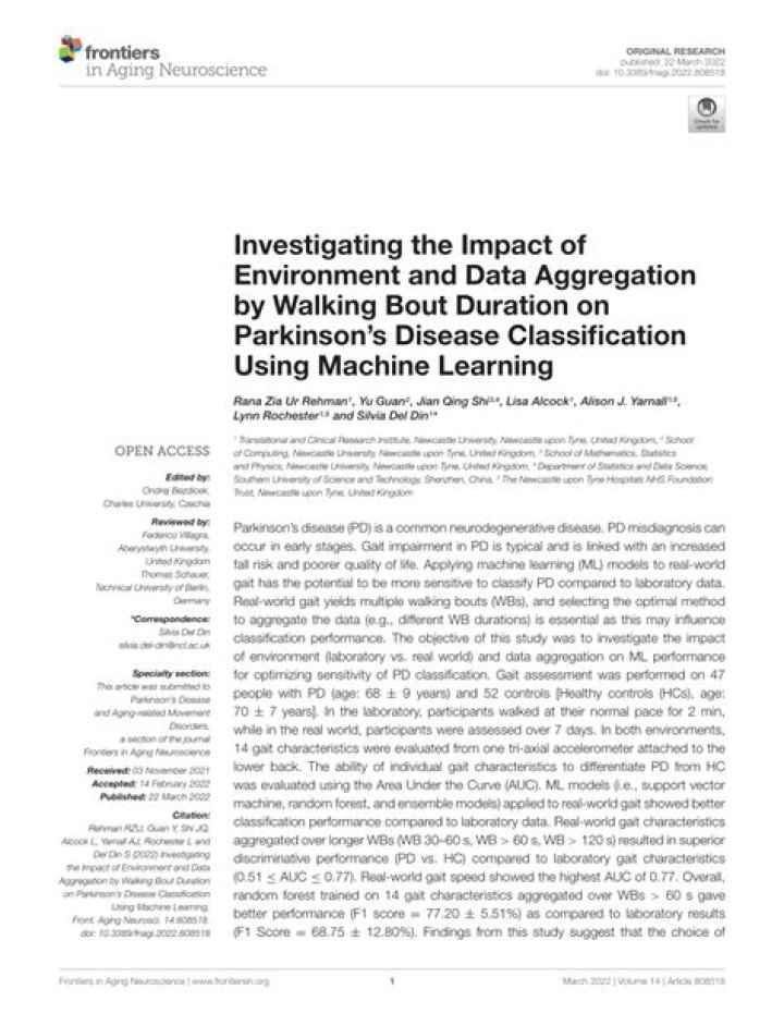 Investigating the Impact of Environment and Data Aggregation by Walking Bout Duration on Parkinson’s Disease Classification Using Machine Learning - ePrints