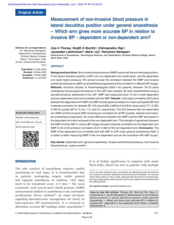 Measurement of non-invasive blood pressure in lateral decubitus position under general anaesthesia - Which arm gives more accurate BP in relation to invasive BP - Dependent or non-dependent arm? - ePrints